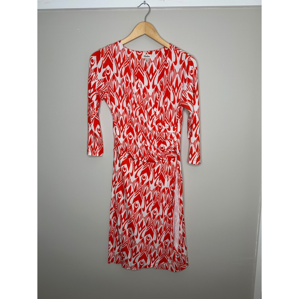 Hatley Faux Wrap Dress Women Small Red White EUC Ikat Geometric V-Neck Stretch